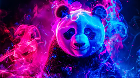 Panda glowing with neon colors, making its way through the billowing, swirling smoke. Cute, kind, calm and unhurried animal in unusual environment.の素材