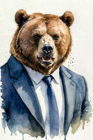 Distinguished Gentleman Bear in Suit. Whimsically dressed bear stands poised, donning sharp suit, cravat with elegant air of nobility.の素材