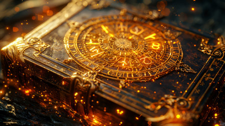 Ancient golden book with glowing symbols, particles and bokeh on dark surface with smoke rising from folio. Sense of esoteric, primordial wisdom and hidden mystical truths. Mystical arcane knowledge.の素材