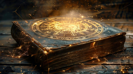 Ancient golden book with glowing symbols, particles and bokeh on dark surface with smoke rising from folio. Sense of esoteric, primordial wisdom and hidden mystical truths. Mystical arcane knowledge.の素材