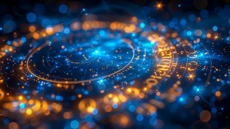 Golden disk adorned with ancient numerology symbols glows mystically, evoking astrology and the wheel of fate, a mysterious vision of magic, occultism, and clairvoyance. Blue background.の素材