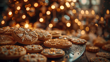 Festive gingerbread cookies on blurred background of festively decorated Christmas tree lights. Handmade Christmas cookies. Close-up.の素材