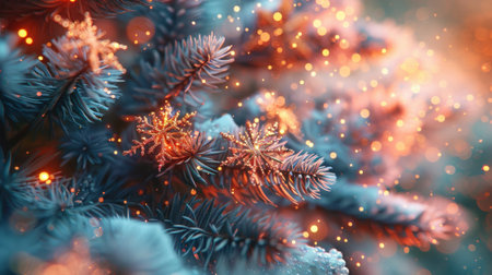 Snow-covered spruce branch of Christmas tree and snowflakes against background of blurred lights. For winter holiday designs, greeting cards, banners, seasonal backgrounds. Copy space.の素材