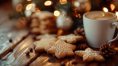 Festive gingerbread cookies and cup of coffee on blurred background of festively decorated Christmas tree lights. Homemade Christmas cookies. Close-up.の素材