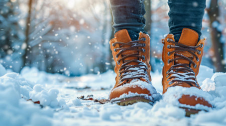 Stylish vintage man brown leather boots in snowy winter park. Copy space. Close-up.の素材