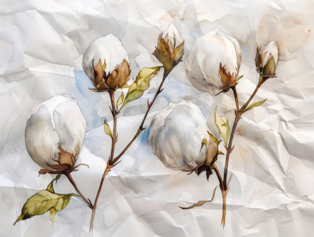 Cotton flowers on light background. Watercolor painting. Close-upの素材