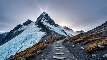 Deserted mountain trail against backdrop of snow-capped peaks. No people. Copy space for text.の素材