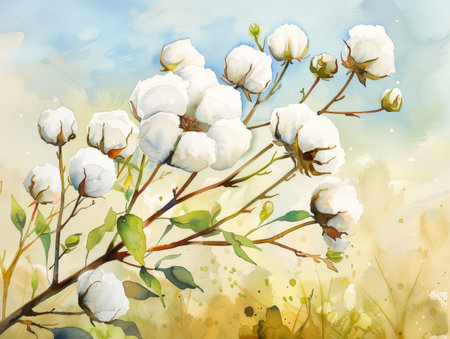 Cotton flowers on light background. Watercolor painting. Close-upの素材