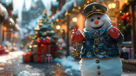 Cute christmas snowman postman is carrying gifts, postcards, he walks along snow-covered street with houses decorated with garlands and wreaths. Christmas greeting card, vintage village. Copy space.の素材