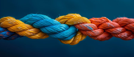 Colorful sturdy rope with knot on blue background. Concept of teamwork, unity, cooperation, partnership, and support. Copy space.の素材