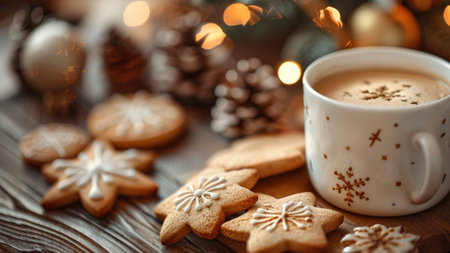 Festive gingerbread cookies and cup of coffee on blurred background of festively decorated Christmas tree lights. Homemade Christmas cookies. Close-up.の素材