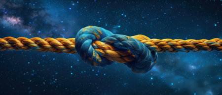 Sturdy rope with knot against a backdrop of starry night sky. Concept of teamwork, unity, cooperation, partnership, and support. Copy space.の素材