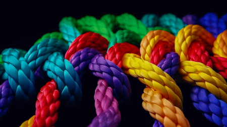 Long rainbow rope tied with numerous knots. Thick intertwined rope represents teamwork, unity, mutual assistance. Symbol of collective work in one team. Concept of mutual support of team members.の素材