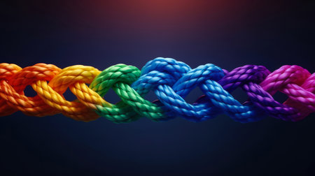 Long rainbow rope tied with numerous knots. Thick intertwined rope represents teamwork, unity, mutual assistance. Symbol of collective work in one team. Concept of mutual support of team members.の素材