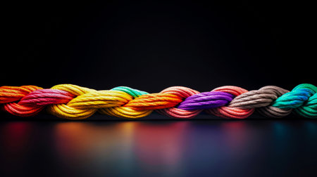 Long thick rainbow-colored rope tied with many knots. Demonstrates teamwork, unity and support. Symbol of close-knit work in single team. Concept of mutual support of participants. Copy space.の素材