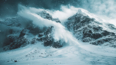 Avalanche descends in gorge from snow-covered mountain. Impressive sight and dangerous phenomenon.Copy space.の素材