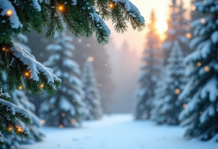 Snow-covered frosty spruce branch against background of blurred lights and bokeh. Magical winter fairy tale. Christmas postcard. Copy space for text.の素材