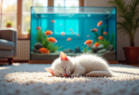 Cute kitten is sleeping on soft carpet near large aquarium with colorful tropical fish, in cozy living room. Copy space. Close-upの素材
