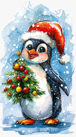 Portrait of cheerful penguin wearing red Santa hat and holding decorated Christmas tree. Close-upの素材