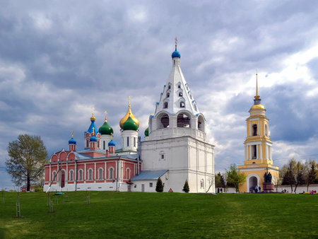 Great view of ancient Orthodox Churches and bell towers in Kolomna in cloudy day. Trip to Russia. Copy space.の写真素材