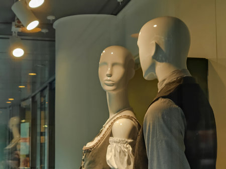Mannequins decorating window of clothing store in shopping mall. Close-up. Soft focus.の写真素材