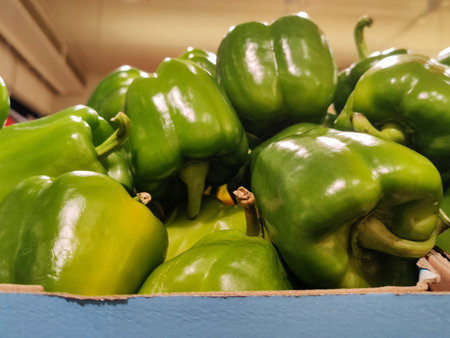 Sweet green bell peppers in store counter. Ripe peppers paprika, natural background. Healthy proper nutrition, diet. Fresh vegetable food. Close-upの写真素材