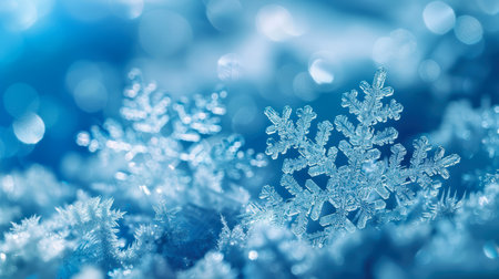 Shiny snowflakes on snow-covered northern background. Mockup for winter holiday designs, Christmas greeting cards, banners. Copy space.の素材