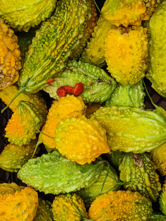 Exotic momordica fruits. Young fruits taste like cucumbers, and when ripe, they taste like melons or pumpkins. Top view.の写真素材