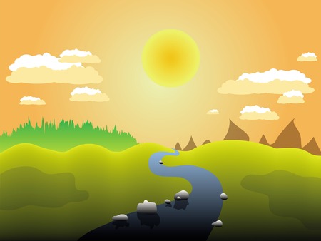 Illustration of sunny landscape with river and sunのイラスト素材