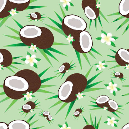 Seamless texture with coconut and flower. Vector.