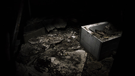 view of a abandoned building, with ruin and damaged furnitureの写真素材
