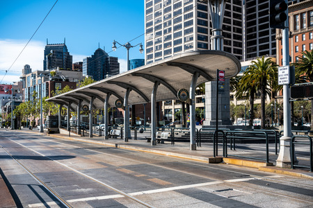 view of an empty cable car stops at f-line in San Francisco, USA.