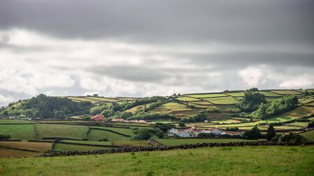 view of the green landscape in terceira, azores, portugal.の写真素材