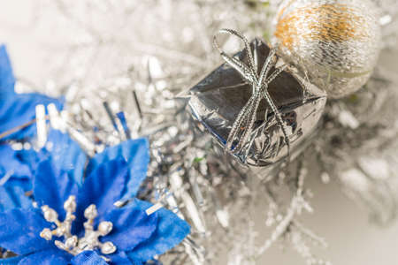 white and blue Christmas decorations on white background. Decoration, holiday.の写真素材