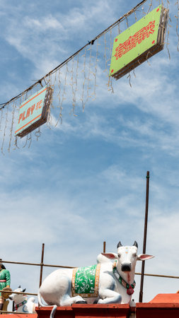 summer 2022, picture of cow out of a hindu temple. Singaporeのeditorial素材
