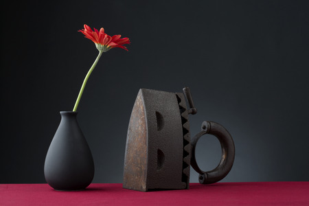 gerbera flowers and old ironの写真素材