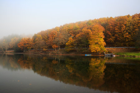 Lake fog sunrise with Autumn foliage and mountainsの写真素材