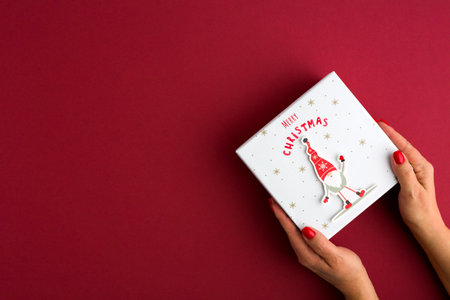 Females hands holding gift box on red background. Christmas, New Year, Valentines day and birthday concept.の写真素材