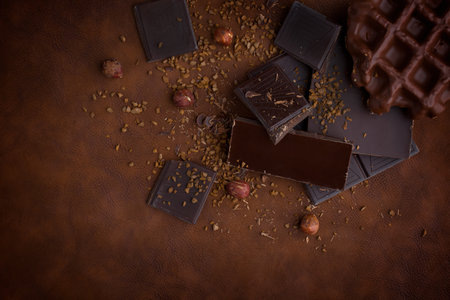 Composition of bars and pieces of different milk and dark chocolate, grated cocoa brown background top view close upの写真素材