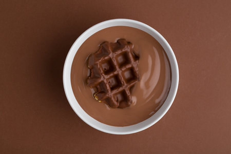 Waffles with chocolate topping in chocolate pudding on brown background. sweetの写真素材
