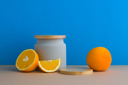 A front view of citrus decorated with wooden podium in blue background compositionの写真素材