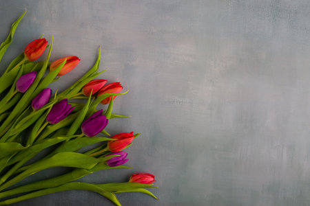 Fresh colorful tulip flowers on stone table. Top view with copy spaceの写真素材