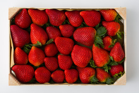 Strawberries in a wooden box on a white background. Top view.の写真素材