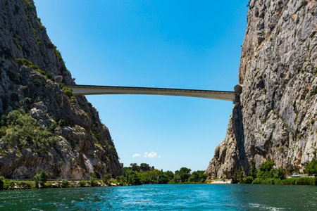 View of Cetina river around Omis (Almissa) city, Dalmatia, Croatia/ new bridgeの写真素材