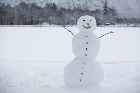 Snowman for Christmas and New Year. winter snowy forest. Surprises and gifts for the winter holidaysの写真素材