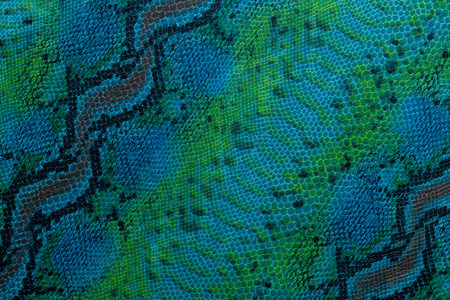 The close-up shows the scales of a snake, with bright colors in shades of blue and green. The scales...