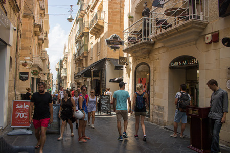 Valletta, Malta - August 08, 2018: Maltese tourists and local walk the streets in downtown Valletta (Malta).のeditorial素材