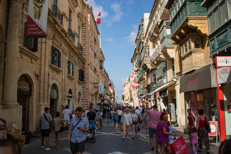 Valletta, Malta - August 08, 2018: Maltese tourists and local walk the streets in downtown Valletta (Malta).のeditorial素材
