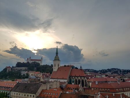 View of buildings in Bratislava in the eveningのeditorial素材