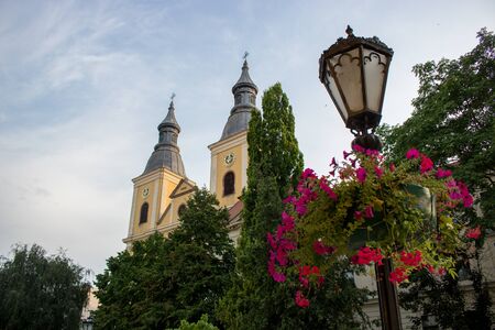 View of a church and flowers in Eger, Hungary.